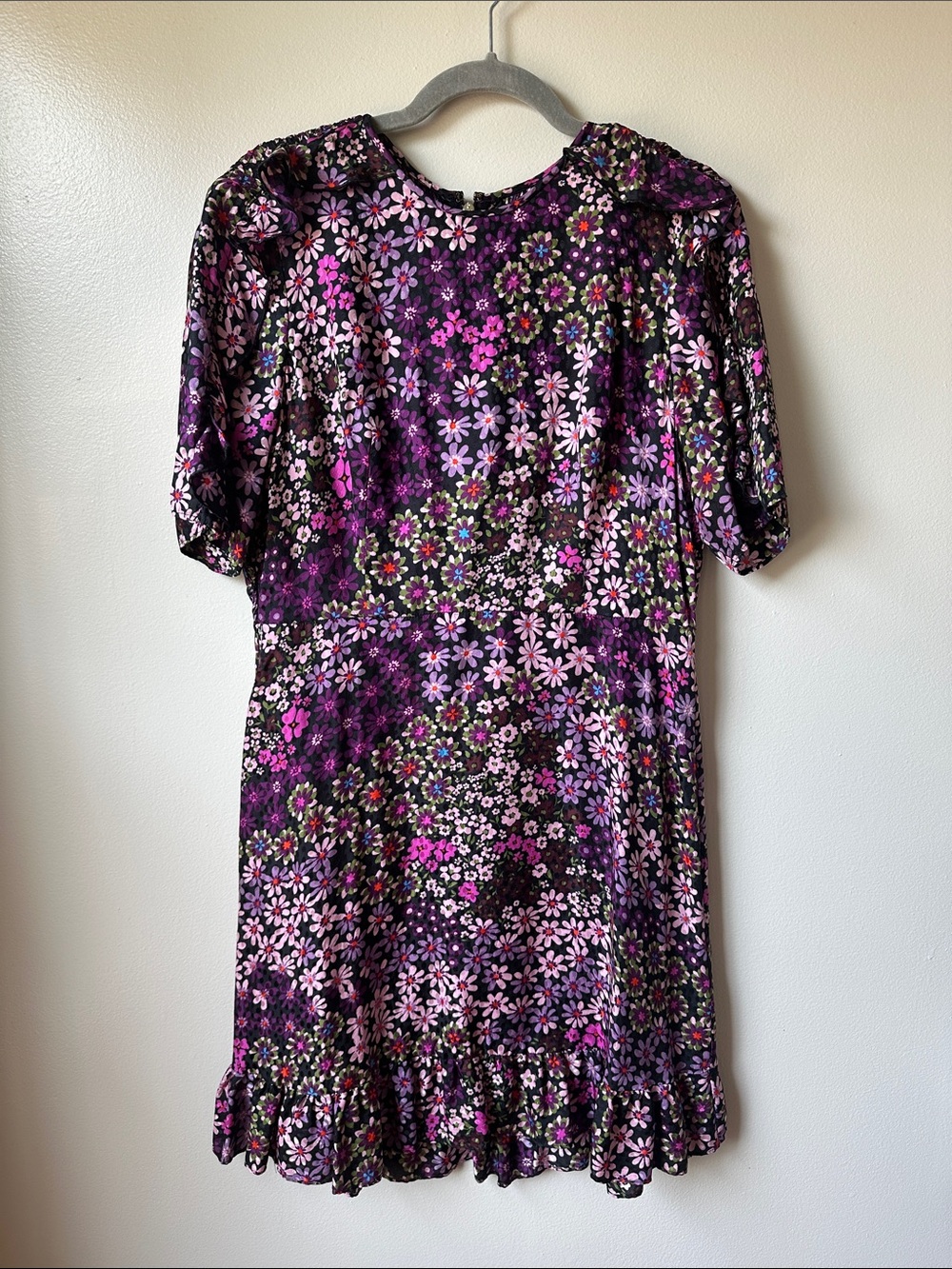 Kate Spade Purple Floral Ruffle Hem Mini Dress Puff Sleeve Size 10